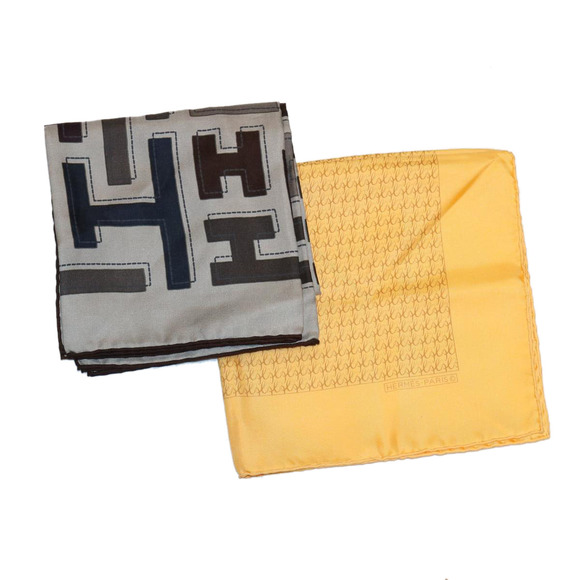 HERMES Scarf Silk 2Set Yellow Gray Auth ac1017 - Picture 1 of 16